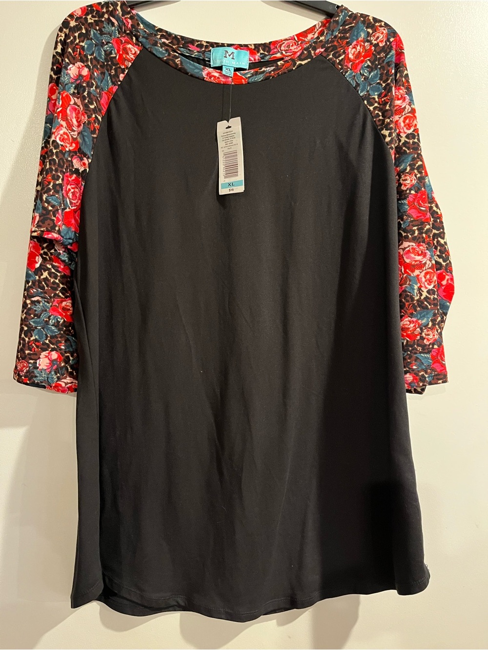 South Main Black Raglan Top with Red Floral Sleeves
